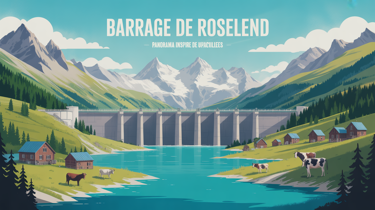 Vue stylisée du barrage de Roselend, lac turquoise et montagnes