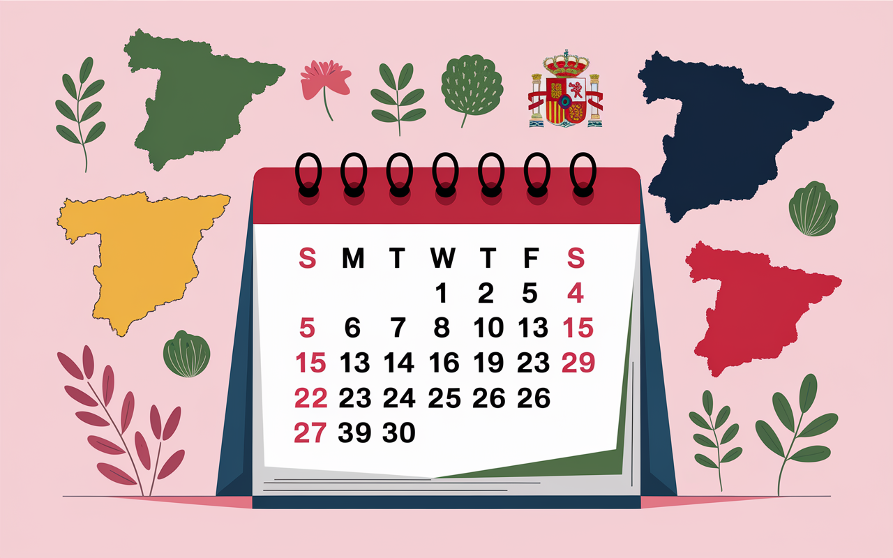 Calendrier ouvert jours fériés Espagne par région