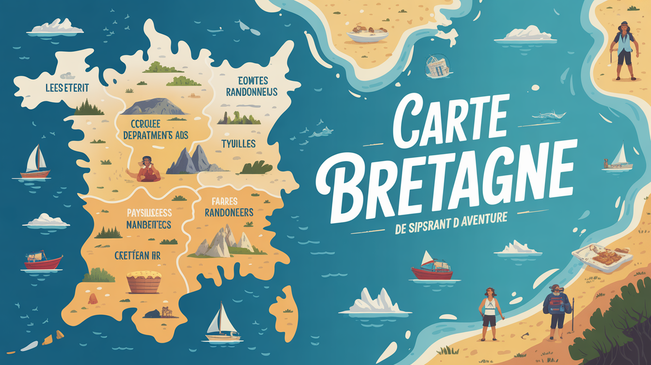 Carte Bretagne stylisée avec 4 départements et éléments typiques