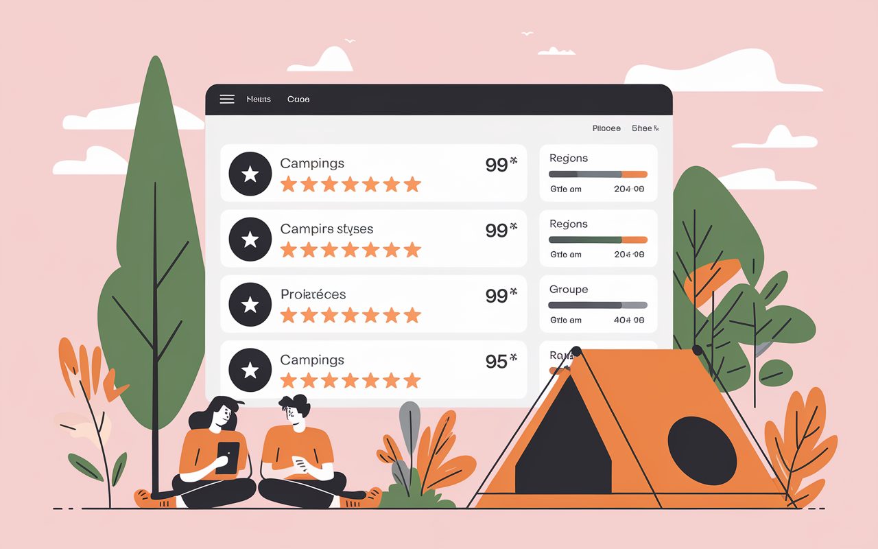 Liste campings, filtres offres et prix sur interface comparateur