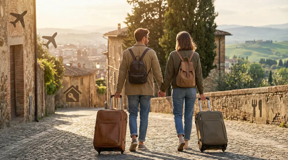 Couple main dans la main, valises, voyage romantique petit prix