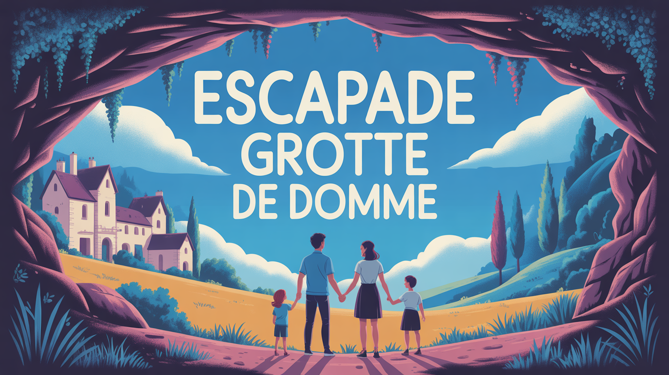 Famille devant entrée grotte Domme village médiéval