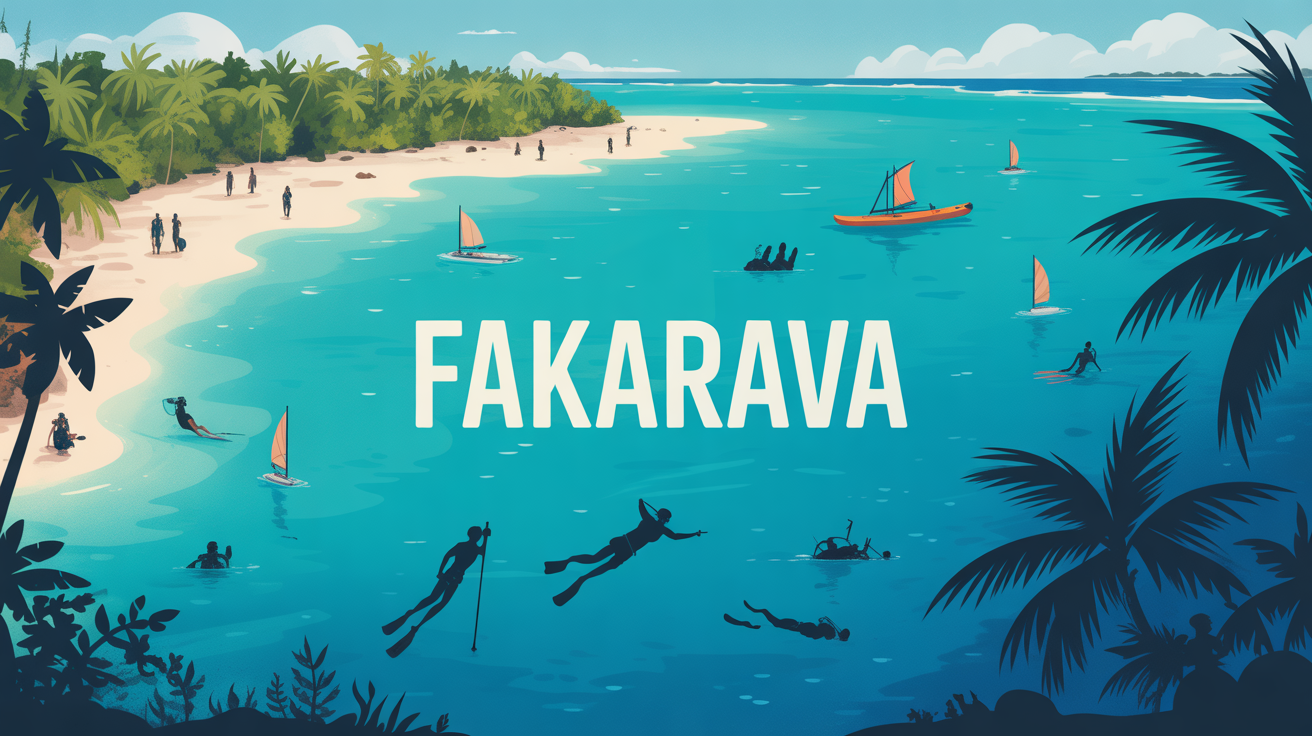 Illustration Fakarava atoll Polynésie plages palmiers vélo plongée
