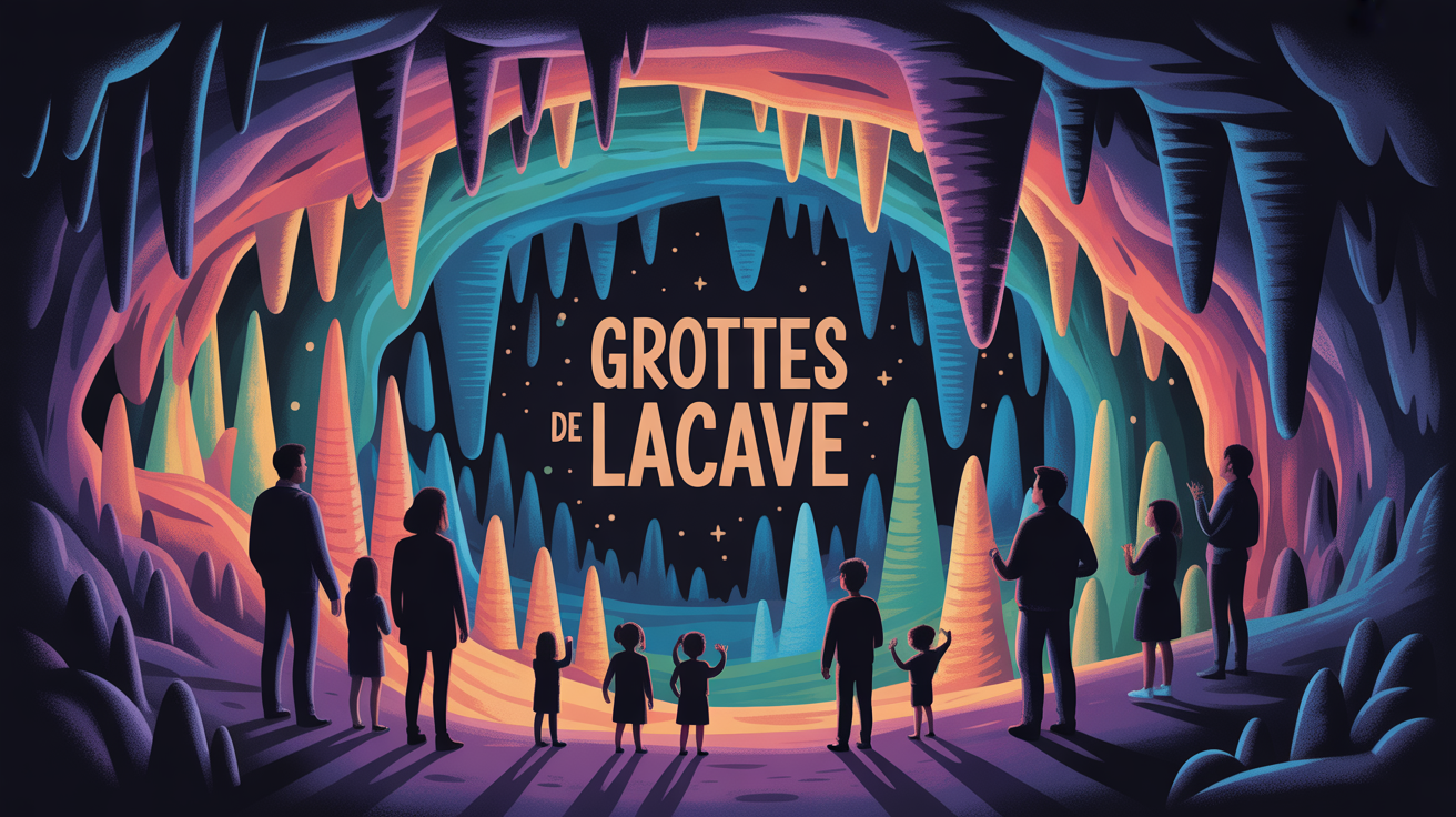 Famille admirant stalactites et lumières Grottes de Lacave