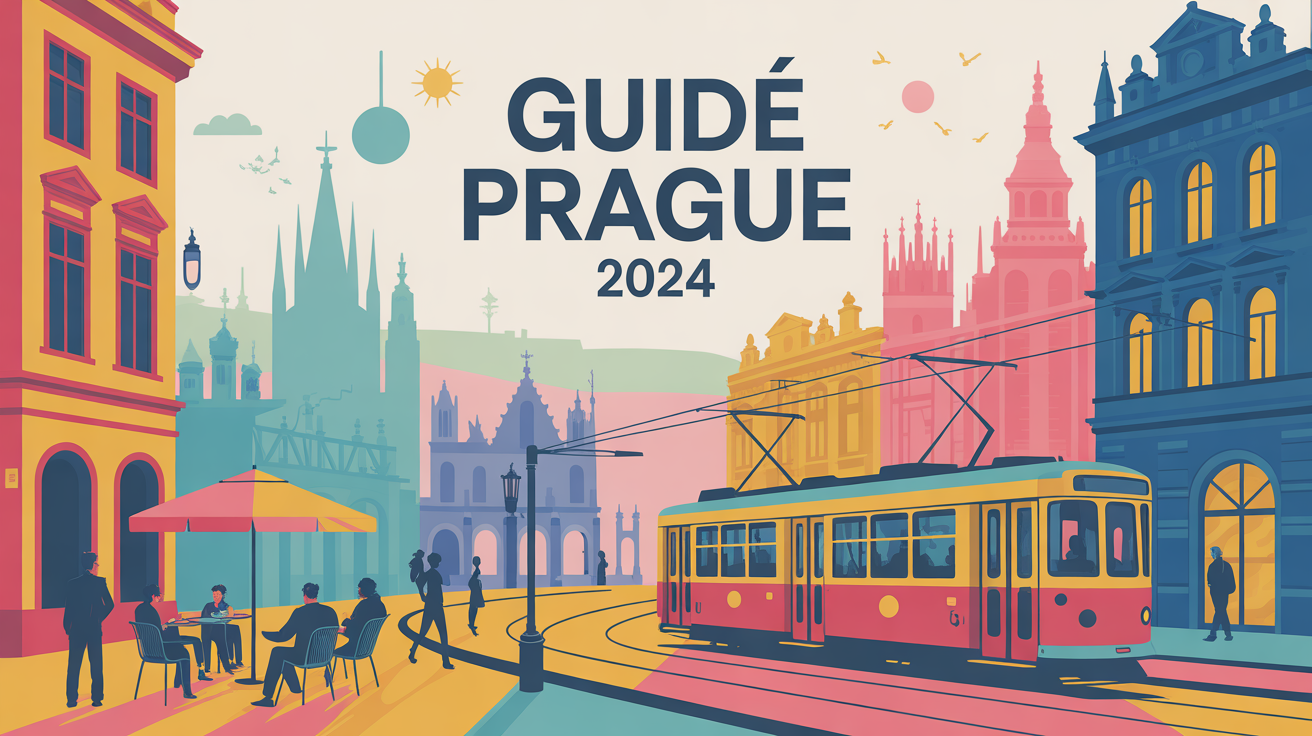 Illustration stylisée Prague guide 2024 tram monuments silhouettes