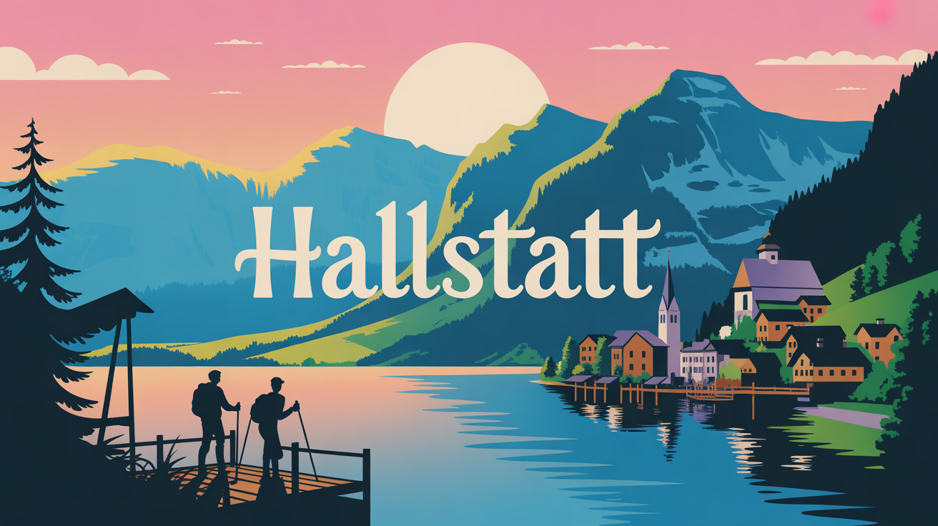 Illustration stylisée Hallstatt lever du jour lac alpin