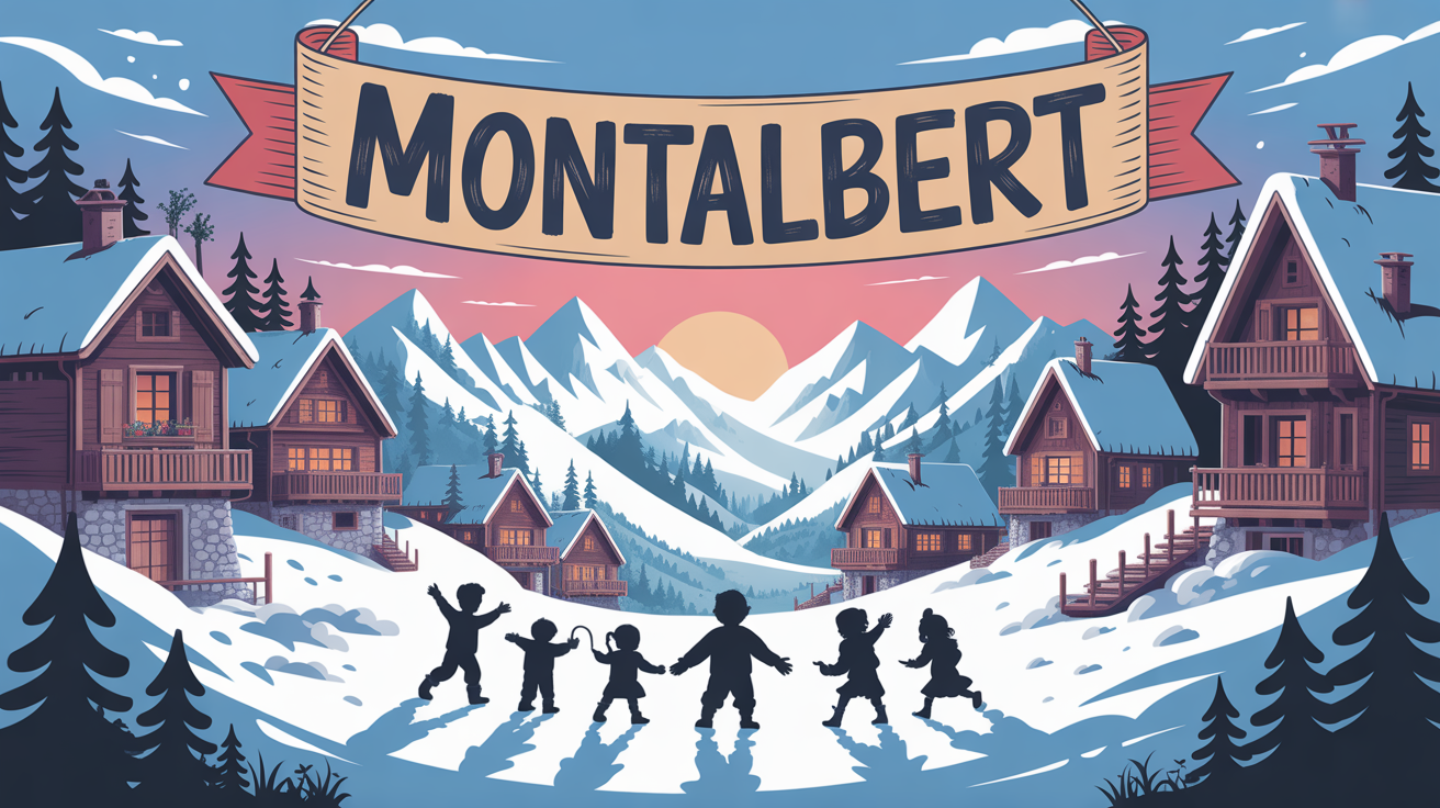 Illustration village Montalbert panoramique montagnes chalets convivial