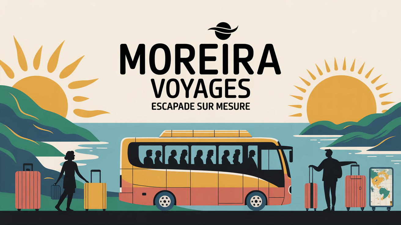 Bus touristique Moreira Voyages, colline, océan, valises, aventure Portugal