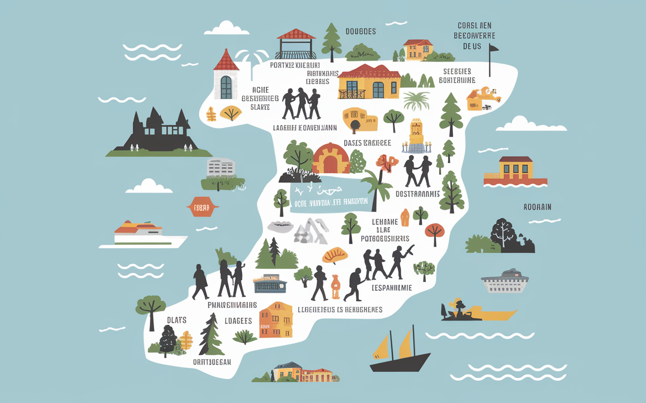 Carte Portugal Espagne, circuits Moreira Voyages, icônes plage gastronomie