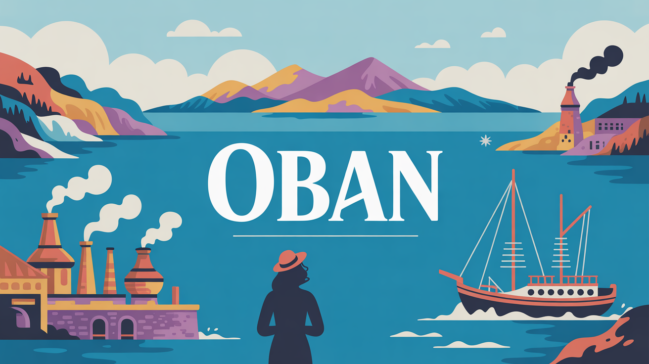 Illustration port Oban, montagnes, ambiance whisky Ecossais