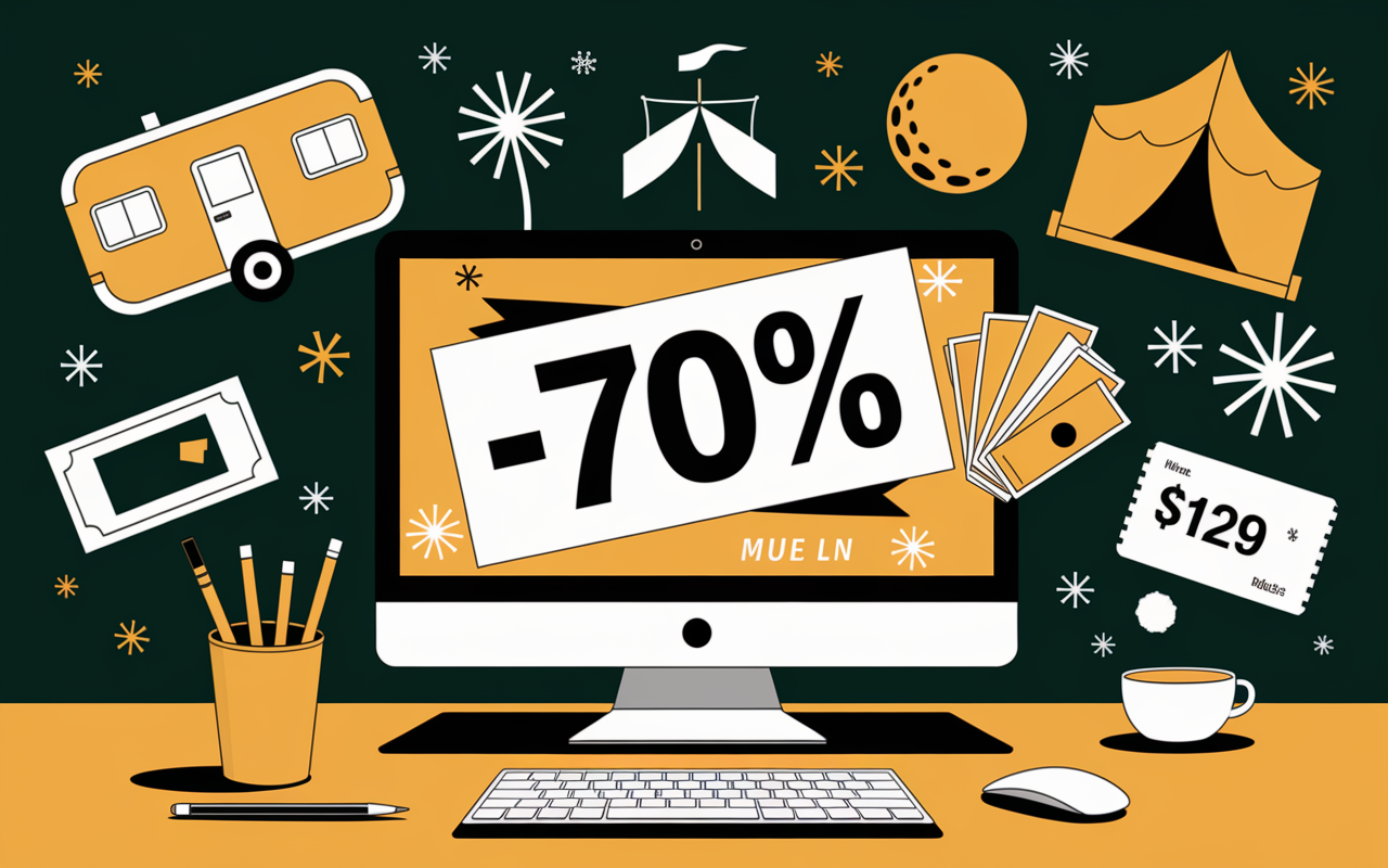 Bandeau promo -70 pourcent, deals campings sur ordinateur