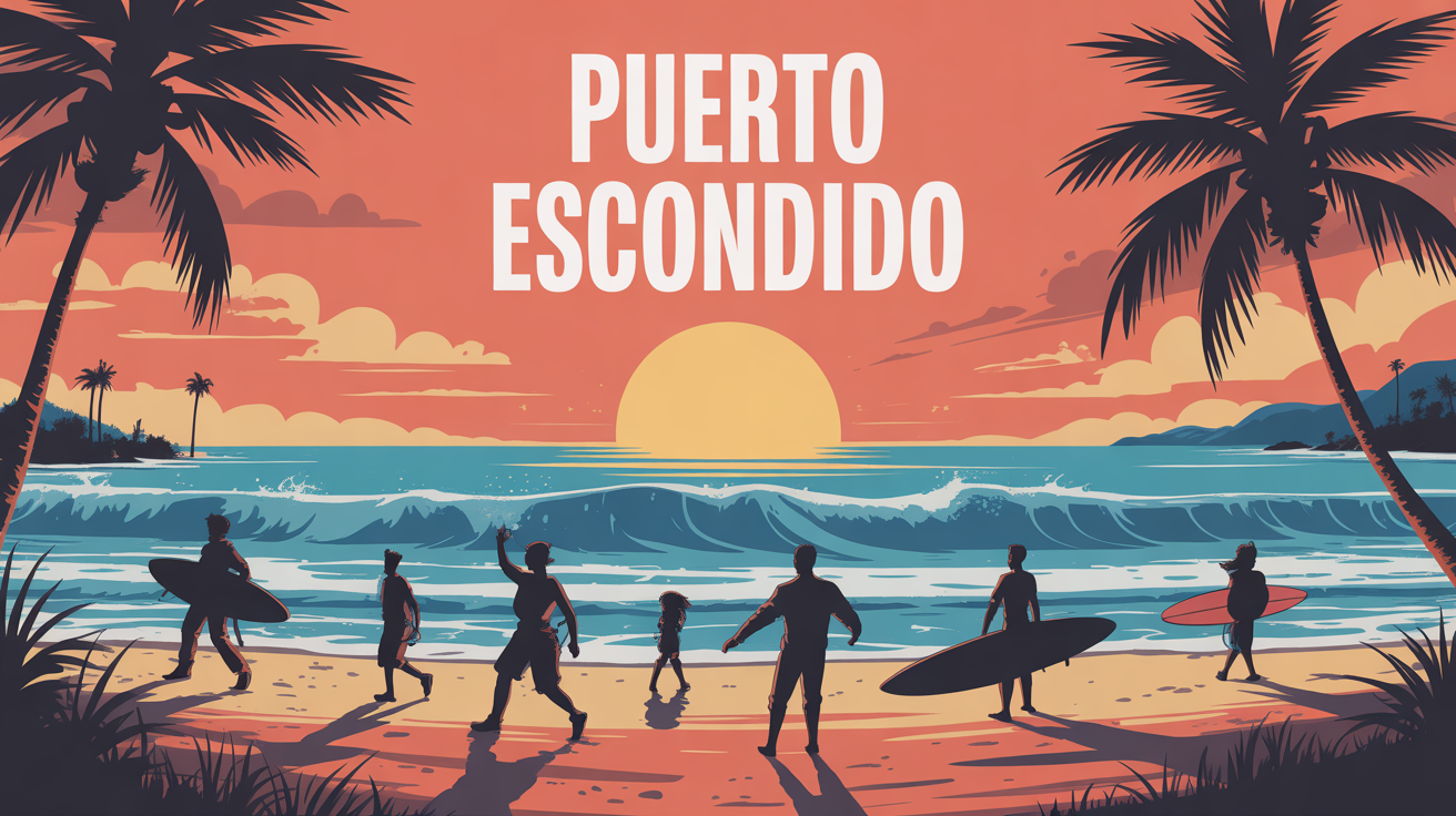Plage sauvage à Puerto Escondido avec surfers, palmiers et marché animé au coucher du soleil