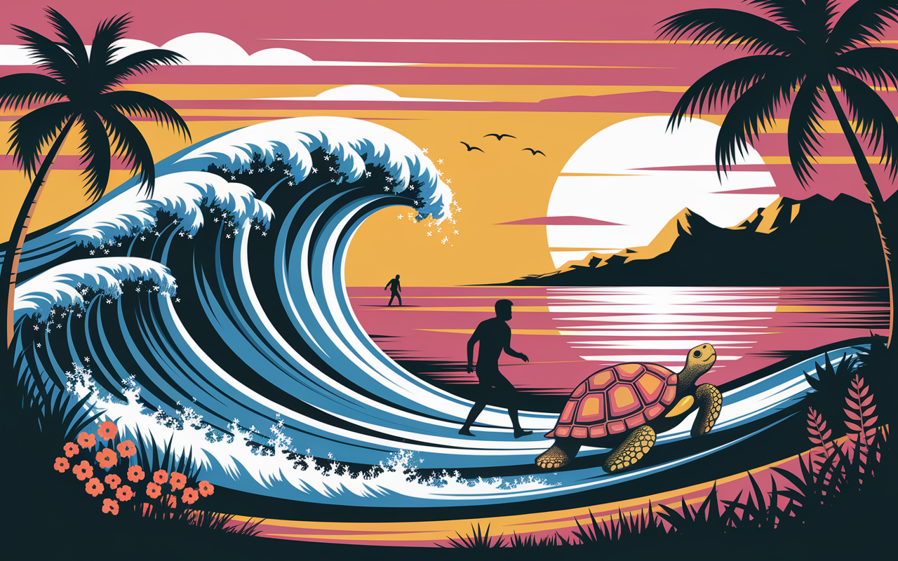 Surfers et tortue sur la plage de Puerto Escondido ambiance nature et coucher de soleil