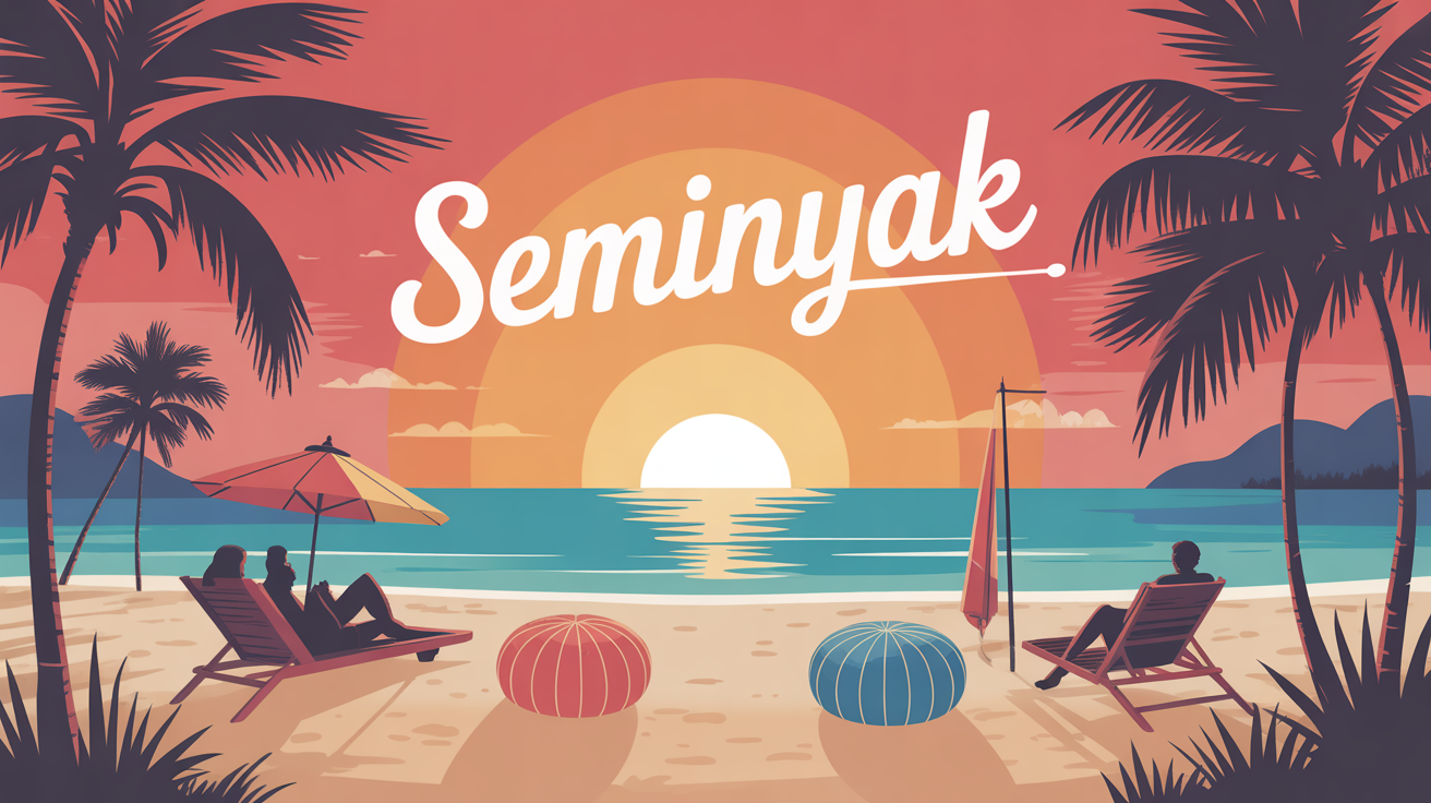 Illustration plage Seminyak coucher du soleil, détente Bali
