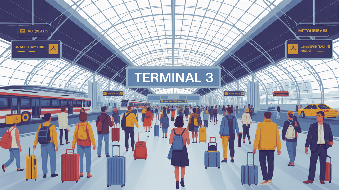 Vue stylisée Terminal 3 CDG transport accès rapide plans voyageurs