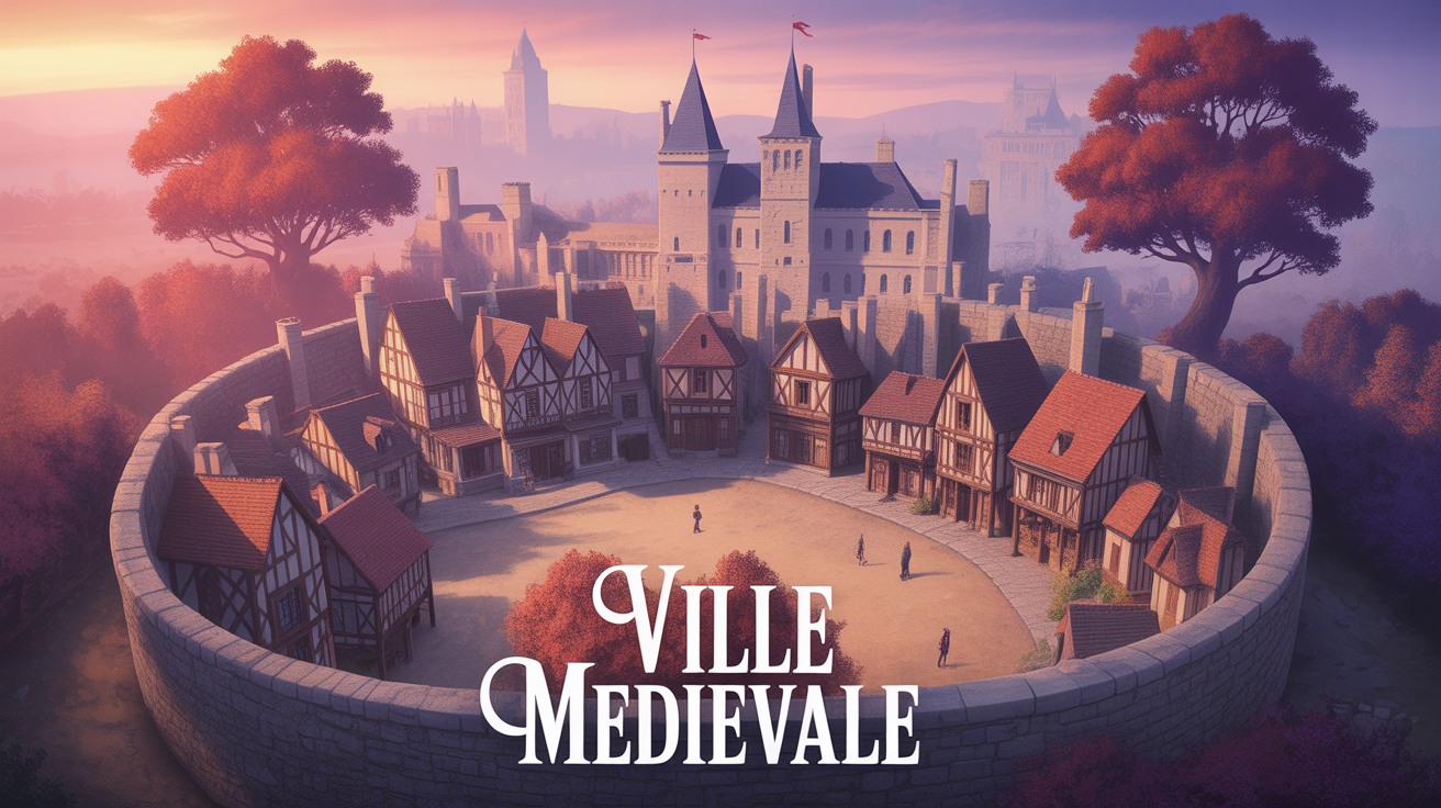vue ville medievale remparts maisons matin brumeux