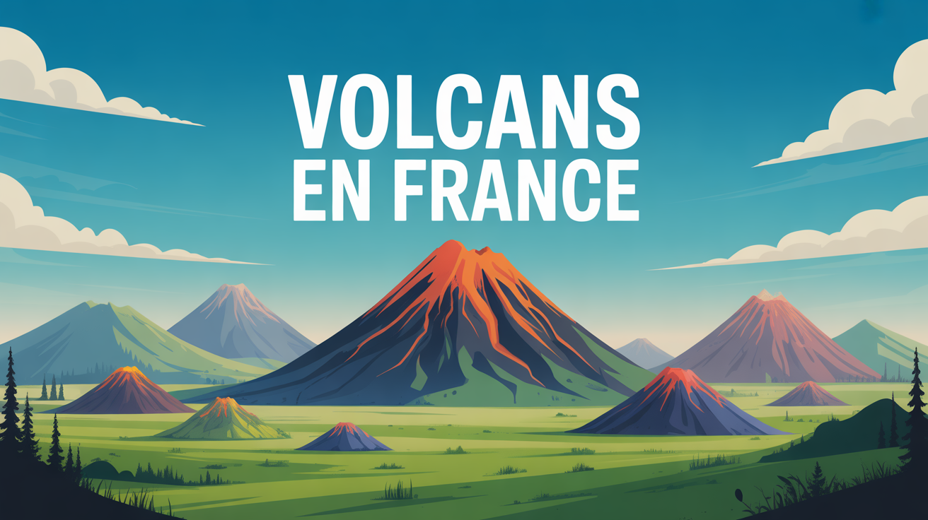 Illustration stylisee de volcans en France sous ciel bleu