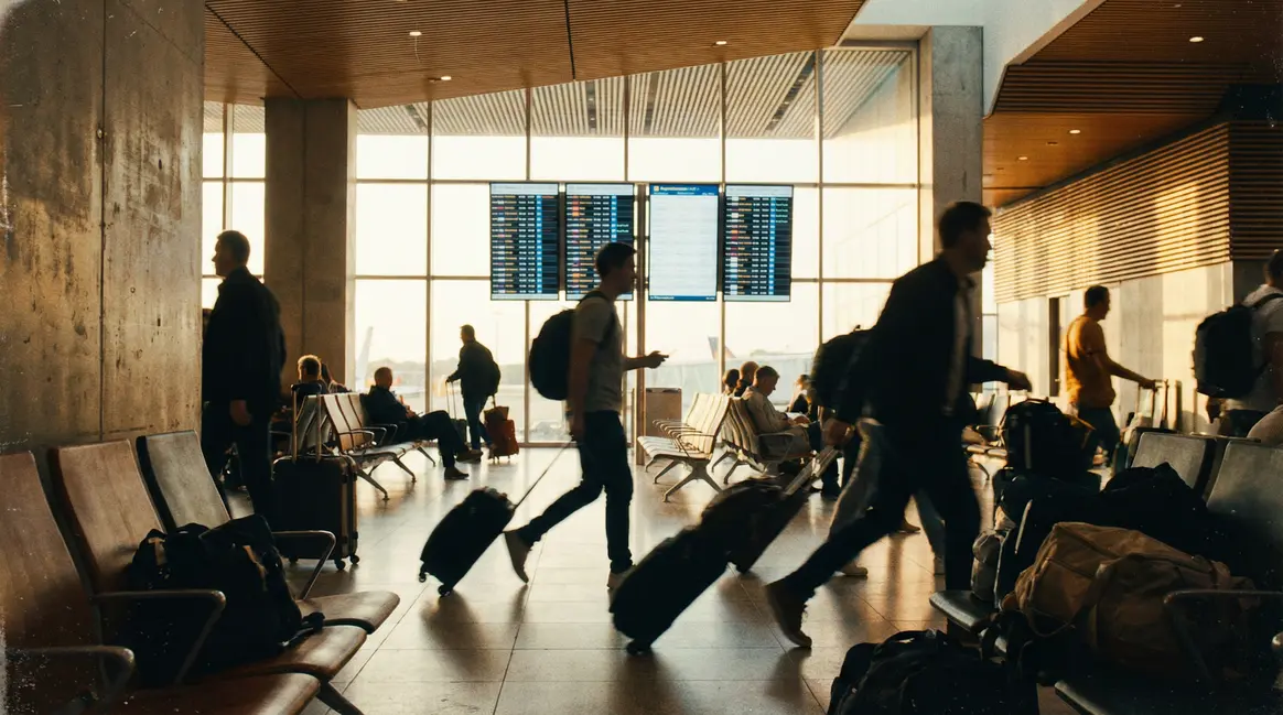 Aéroport dernière minute, voyageurs, valises