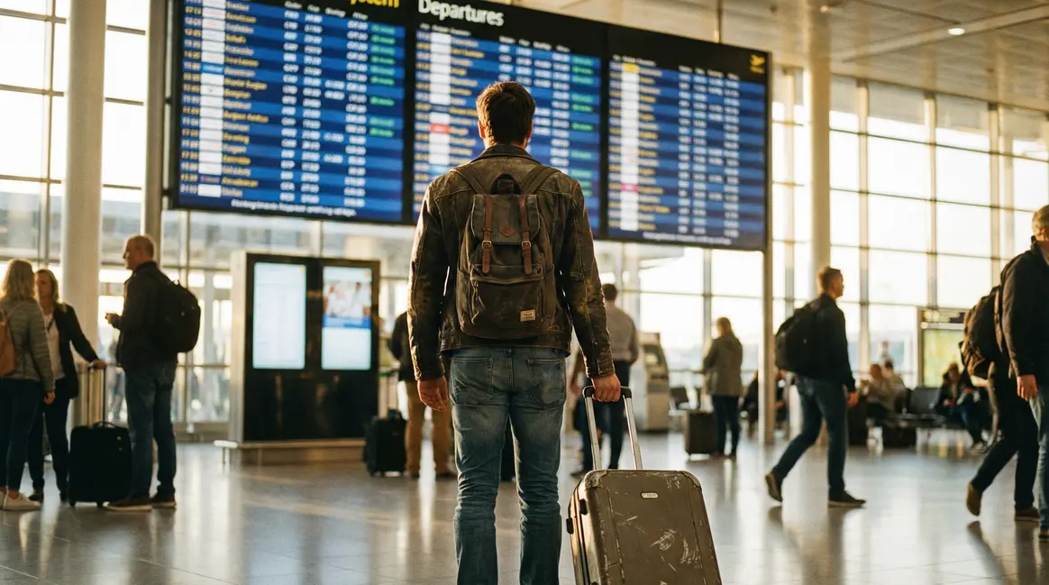 Voyageur valise cabine devant afficheur aéroport offres dernière minute