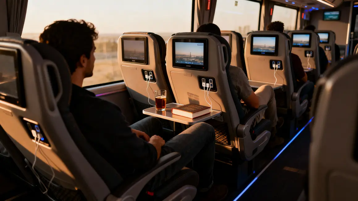 Interieur autocar moderne, sieges confort, passagers relax