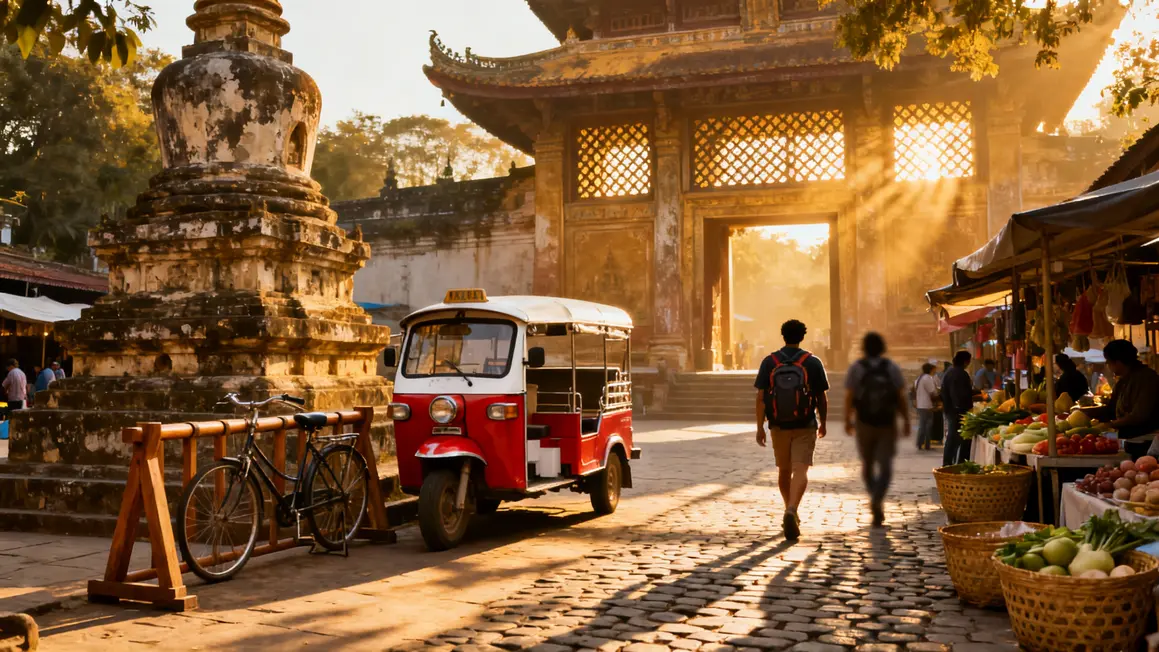 Temple asiatique et tuk-tuk pour voyager pas cher en Asie
