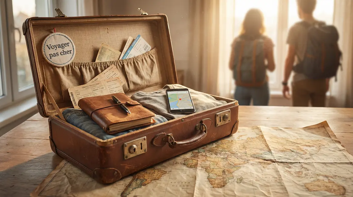 Valise ouverte et billets sur carte du monde pour voyager pas cher