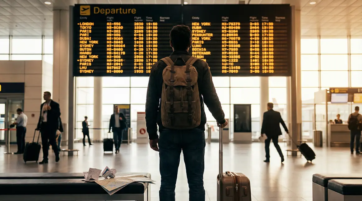 Jeune voyageur sac cabine devant tableau aéroport