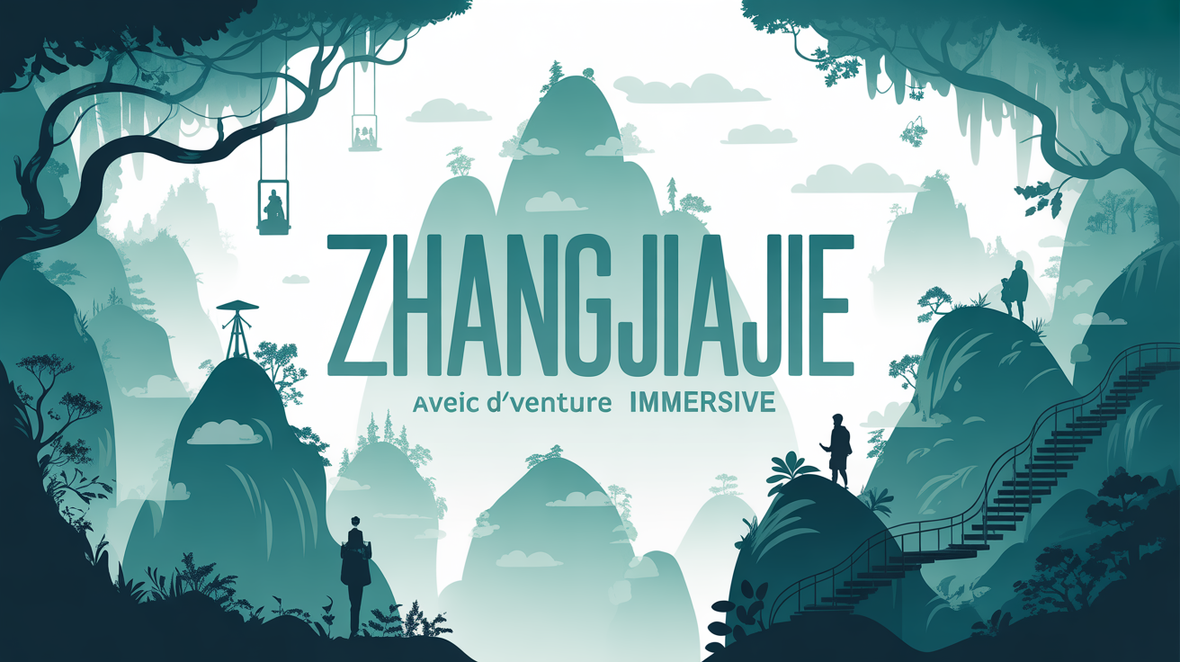 Illustration montagnes flottantes Zhangjiajie style affiche aventure