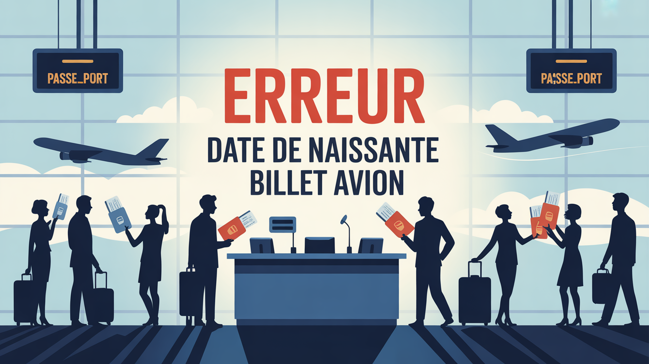 Scène comptoir aéroport erreurs date de naissance billet d'avion