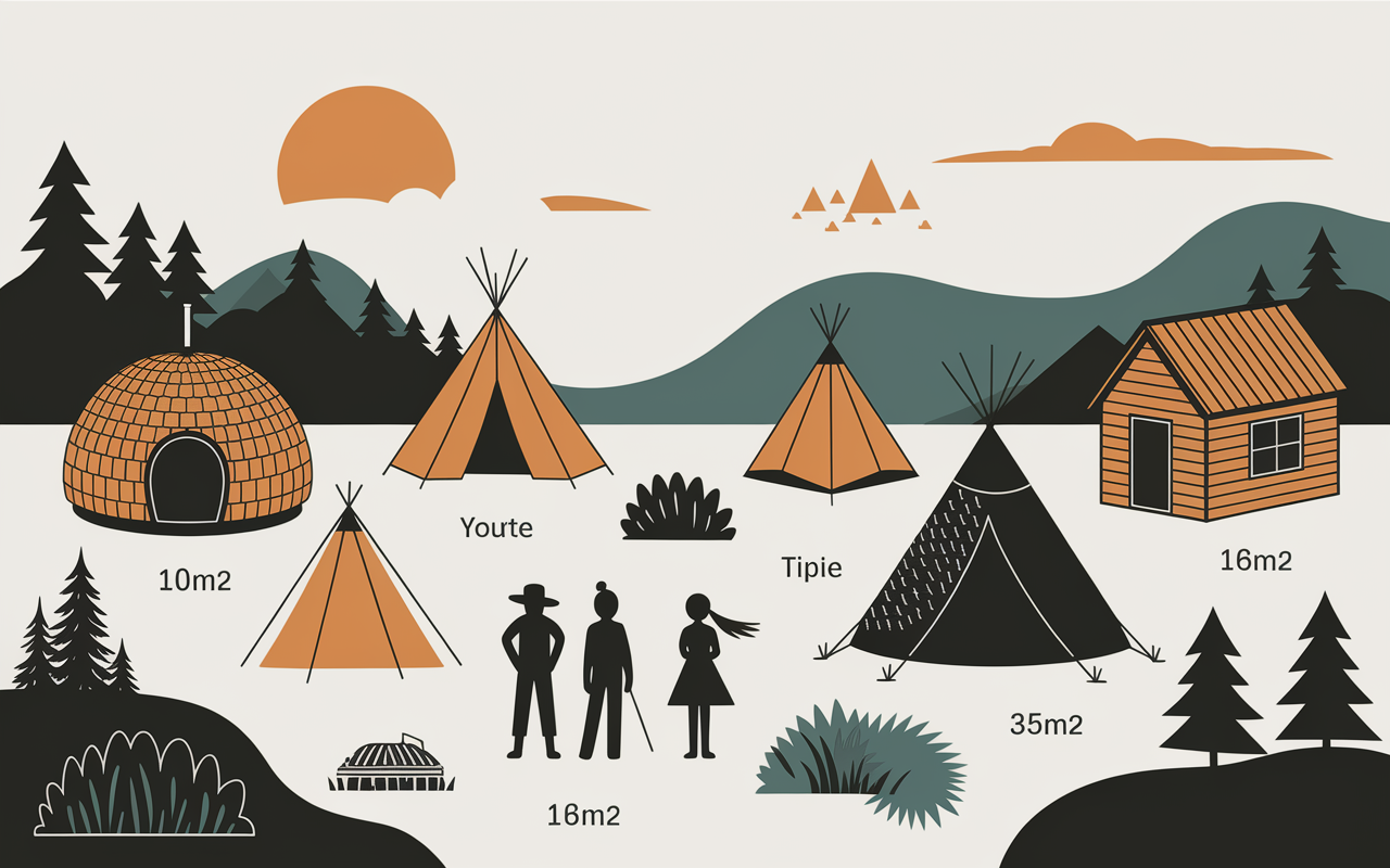 Habitat nomades : vue hutte yourte tipi