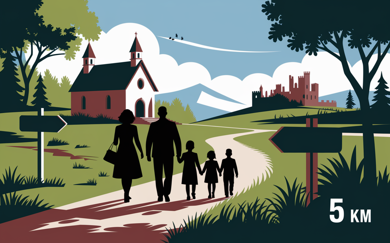 sentier, famille, panneau chapelle, chateau, dragon de landunvez