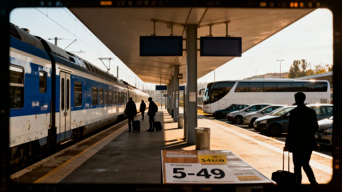 Quai avec train, bus, voitures, comparaison prix transport