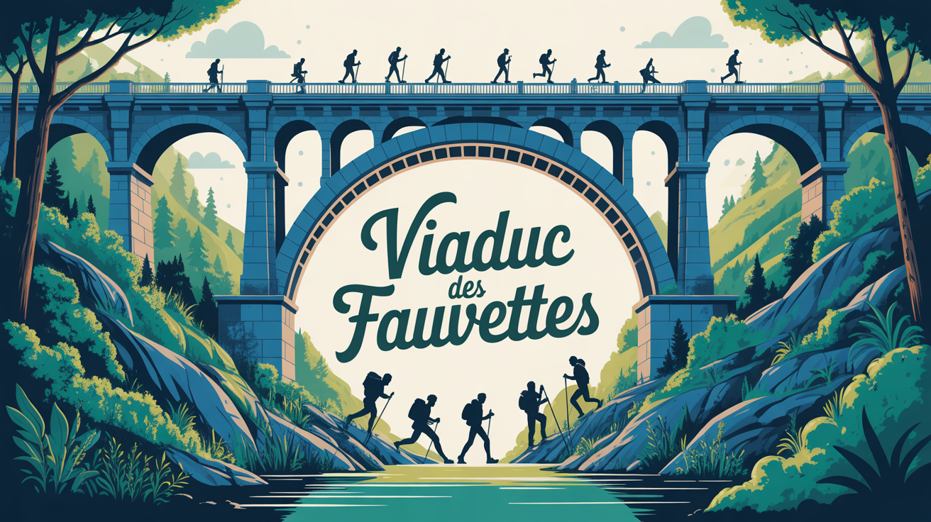 viaduc des fauvettes stylise avec randonneurs sous le pont