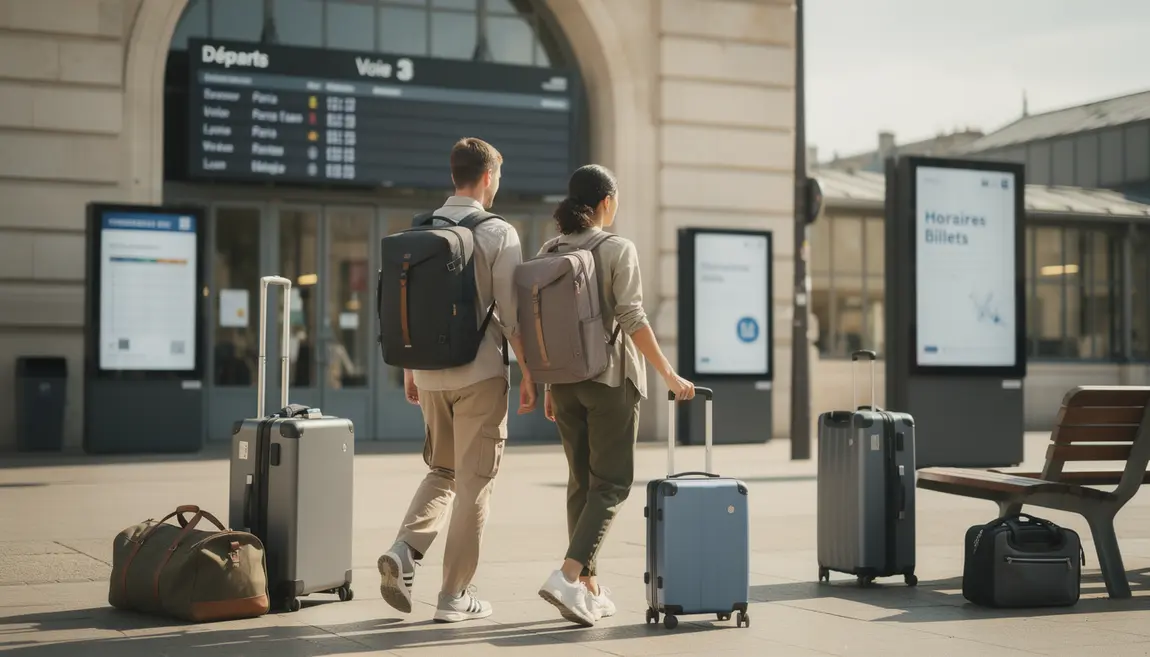Couple minimaliste devant gare française, ambiance économique