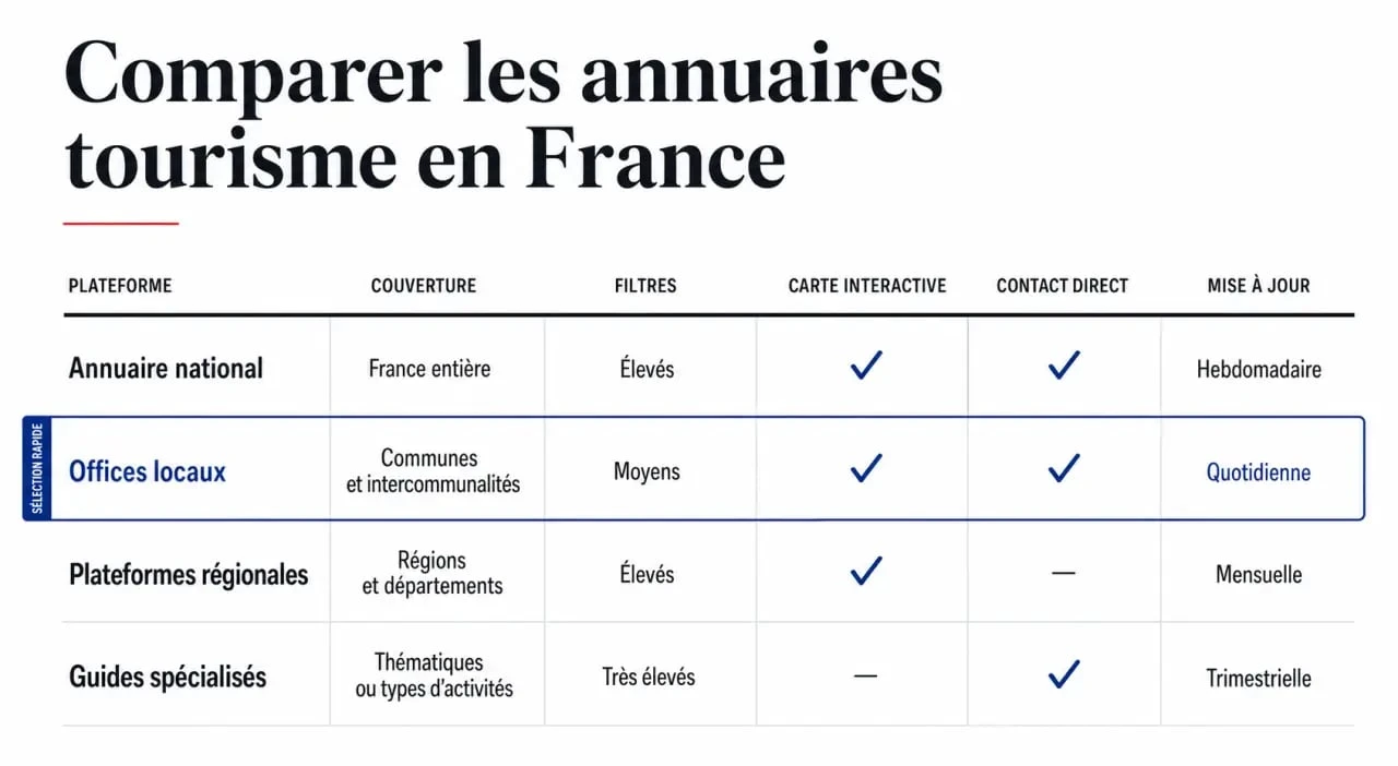 Annuaire tourisme : infographie comparative des principales plateformes et fonctionnalités