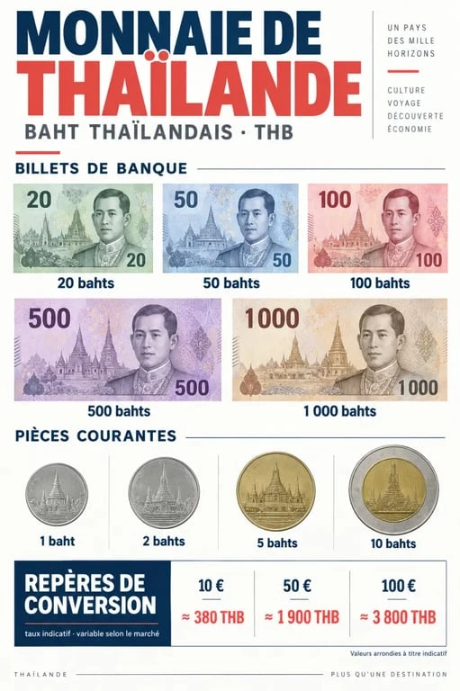 Infographie sur la monnaie de Thaïlande avec billets, pièces et conversions euro-baht