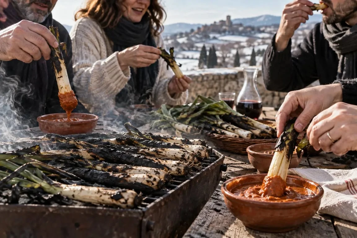 Spécialité Barcelone : calçots grillés servis avec une sauce romesco