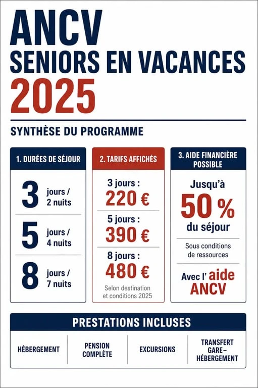ANCV Seniors en Vacances destinations 2025 : synthèse visuelle des durées, tarifs et aide financière